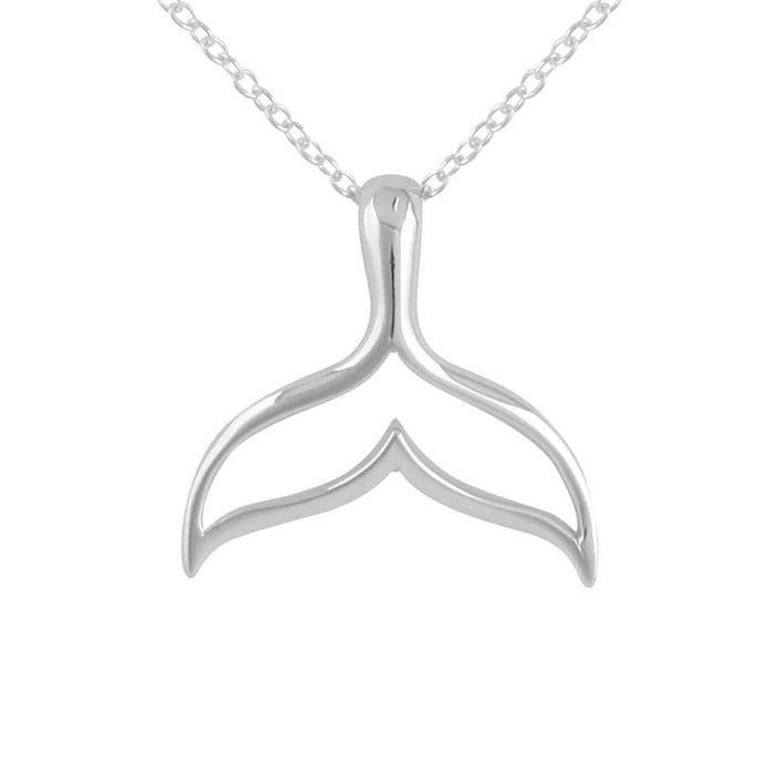 Silver whale tail pendant on a chain against a white background
