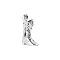 Silver cowgirl boot charm with star and moon designs on a white background