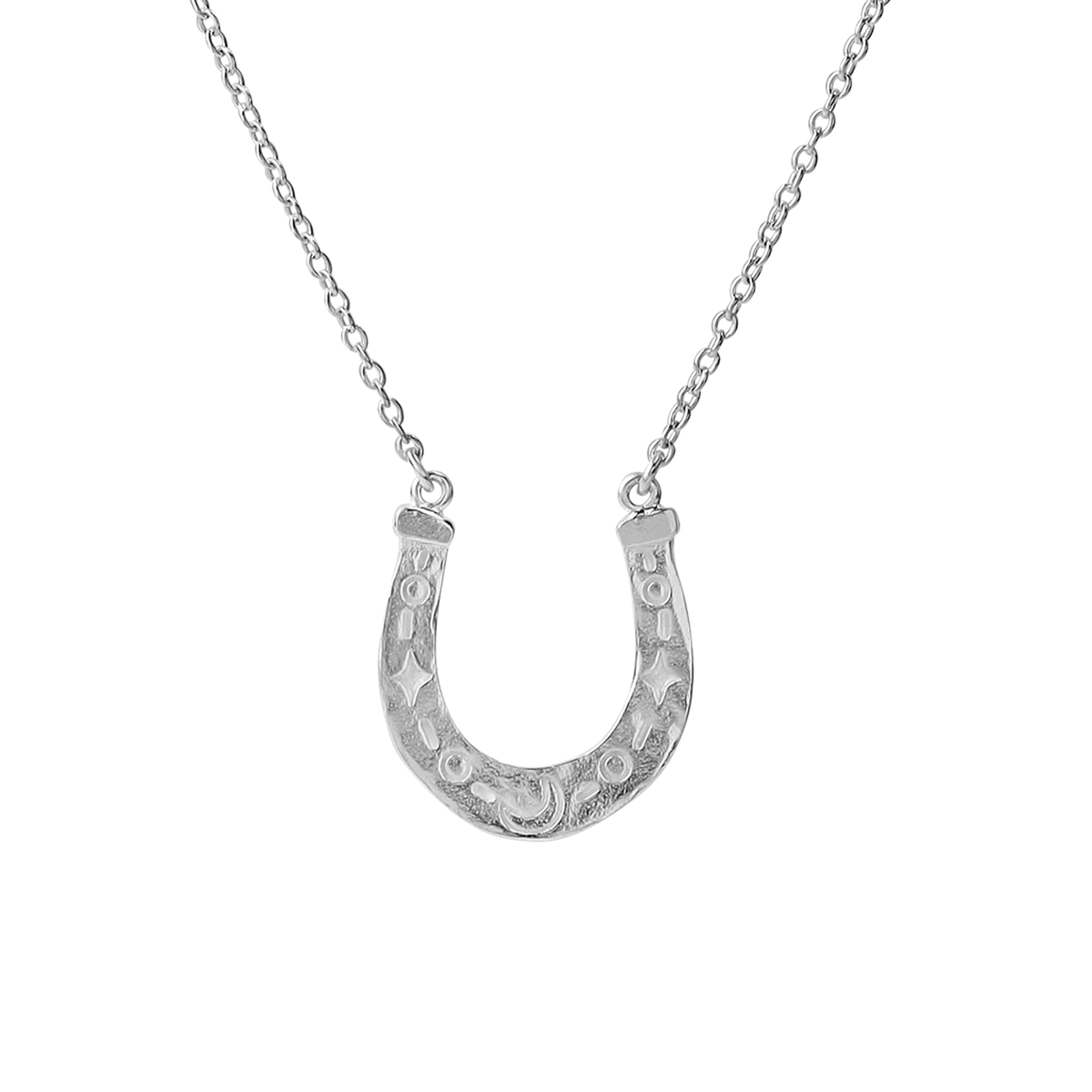 Silver horseshoe necklace on a white background