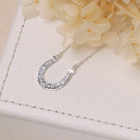 Silver horseshoe necklace on a white surface with flowers in the background