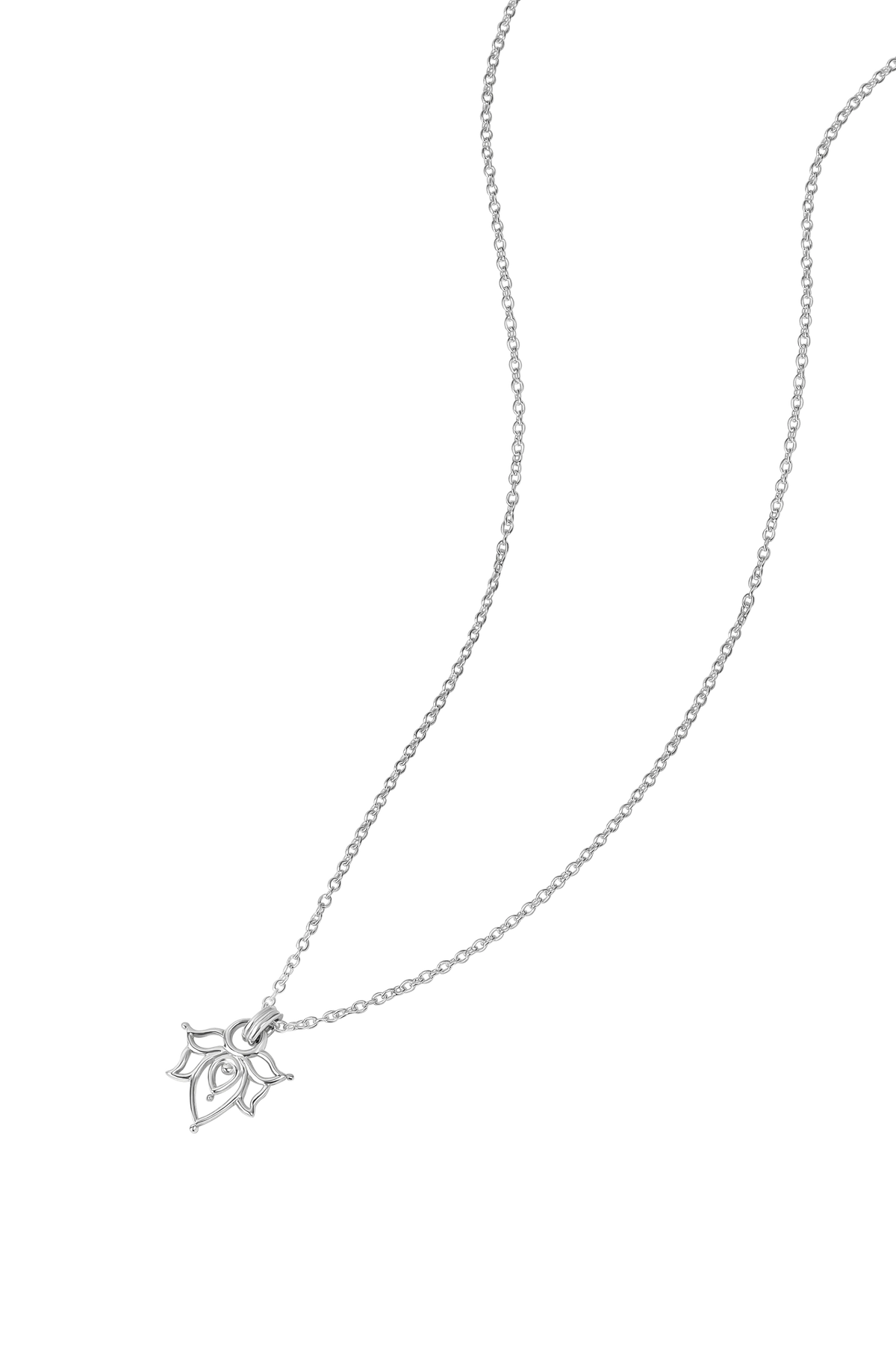 Silver necklace with a delicate lotus_shaped pendant on a white background