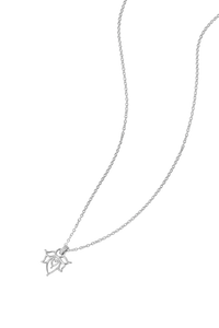 Silver necklace with a delicate lotus_shaped pendant on a white background