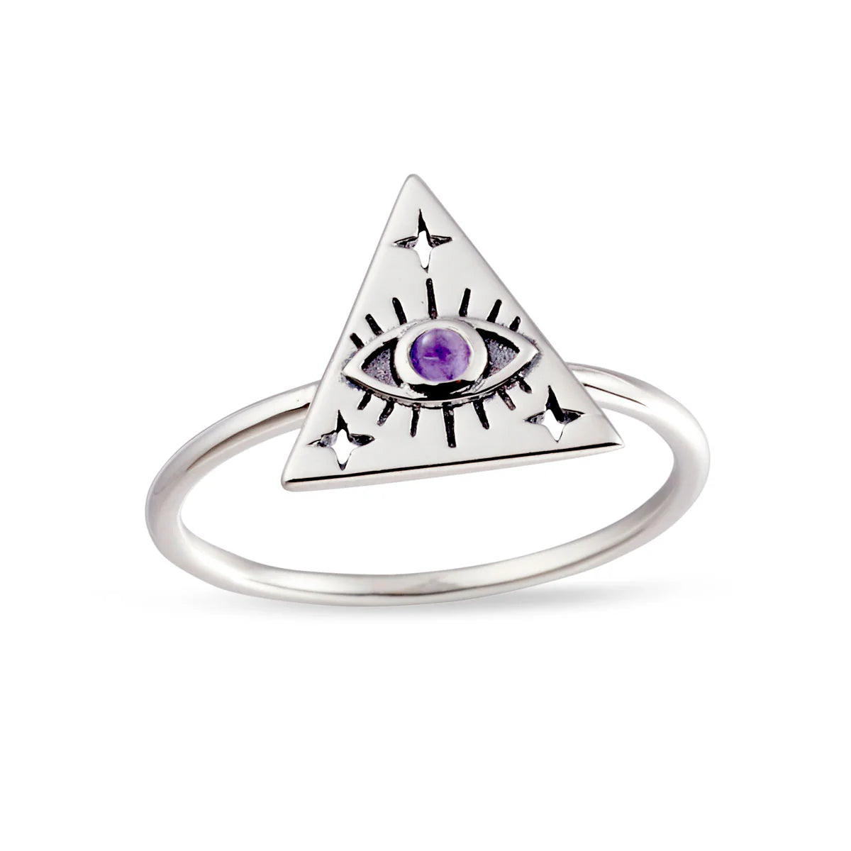 Silver triangle ring with eye design and amethyst gemstone on a white background