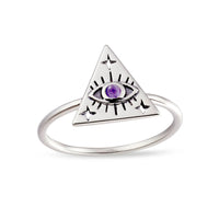 Silver triangle ring with eye design and amethyst gemstone on a white background