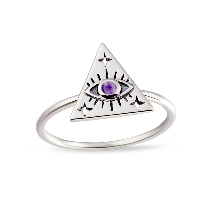 Silver triangle ring with eye design and amethyst gemstone on a white background