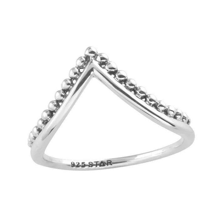 Silver triangle-shaped ring with small beads on a white background