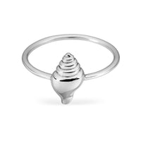 Silver ring with a shell-shaped design on a white background