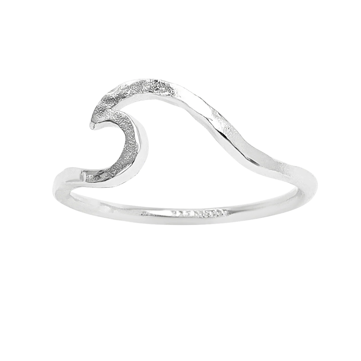 Silver wave-shaped ring on a white background