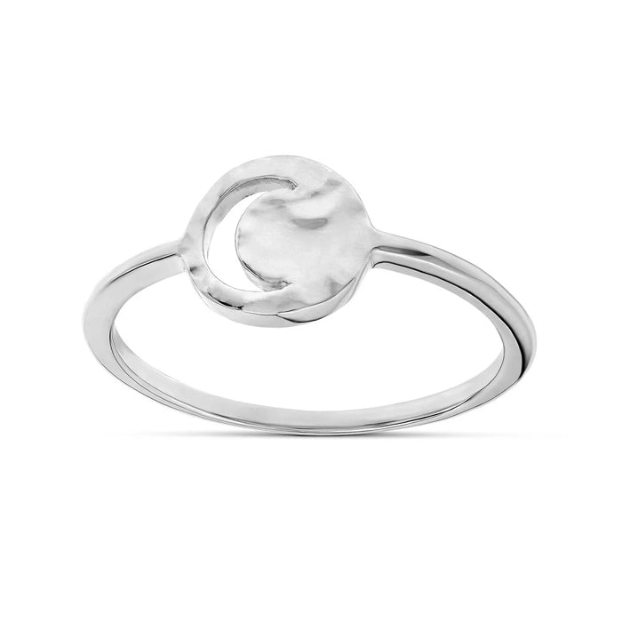 Silver ring with a circular design with cresent moon cutout on a white background