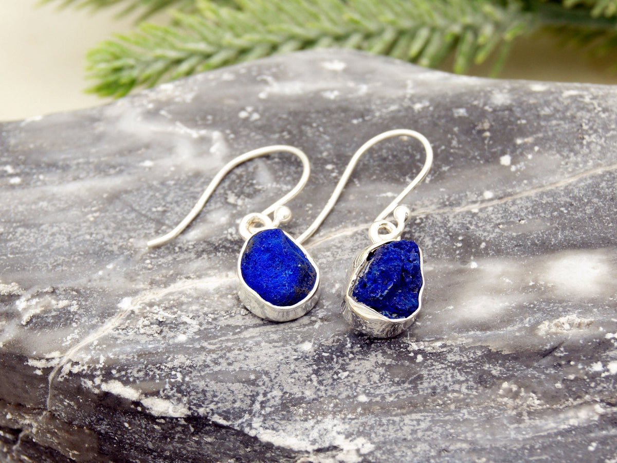 Raw Azurite Sterling Silver Drop Earrings NaturesEmporium Azurite, Capricorn Zodiac, Earrings, SEP2022, Sterling Silver, Sterling Silver Earring