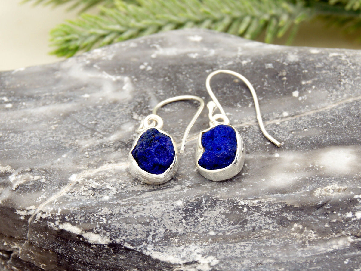 Raw Azurite Sterling Silver Drop Earrings NaturesEmporium Azurite, Capricorn Zodiac, Earrings, SEP2022, Sterling Silver, Sterling Silver Earring