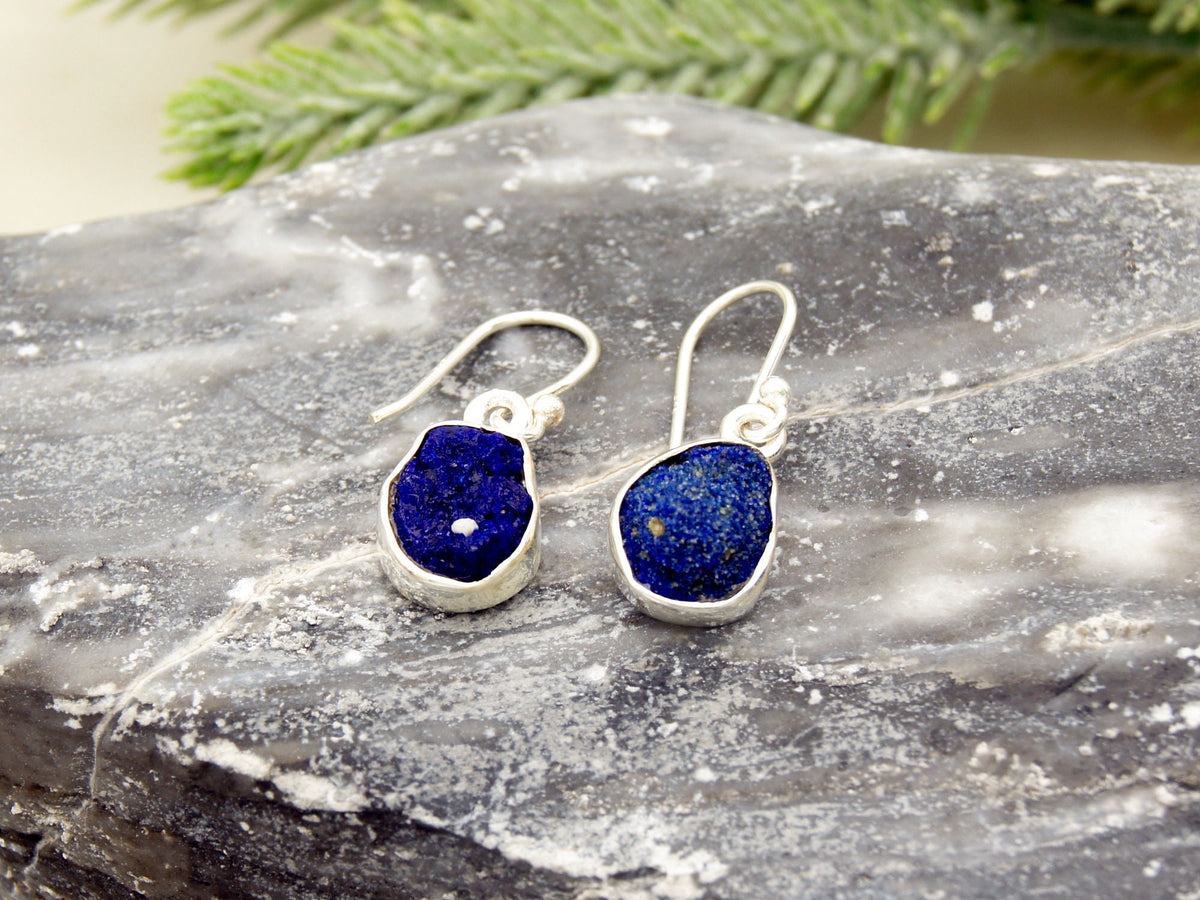 Raw Azurite Sterling Silver Drop Earrings NaturesEmporium Azurite, Capricorn Zodiac, Earrings, SEP2022, Sterling Silver, Sterling Silver Earring