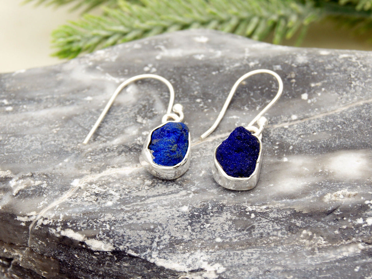 Raw Azurite Sterling Silver Drop Earrings NaturesEmporium Azurite, Capricorn Zodiac, Earrings, SEP2022, Sterling Silver, Sterling Silver Earring