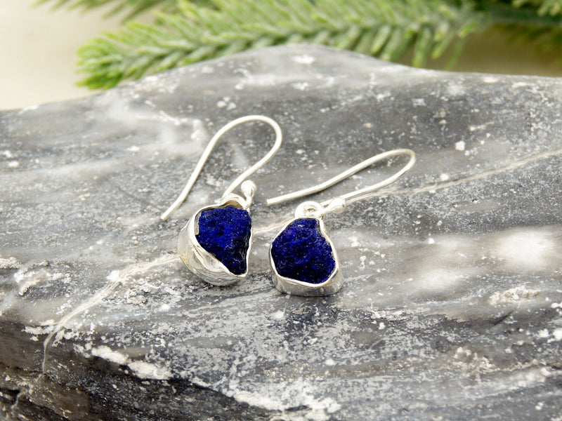 Raw Azurite Sterling Silver Drop Earrings NaturesEmporium Azurite, Capricorn Zodiac, Earrings, SEP2022, Sterling Silver, Sterling Silver Earring