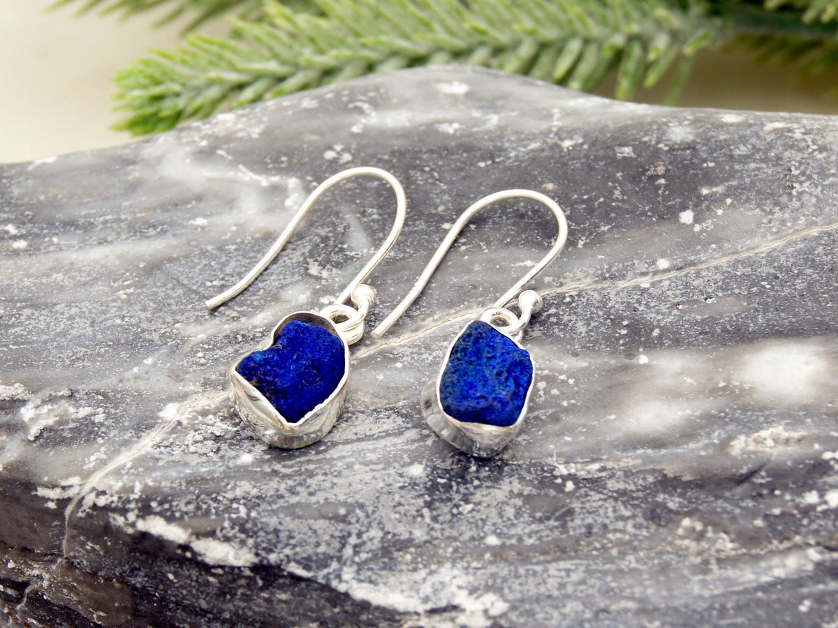 Raw Azurite Sterling Silver Drop Earrings NaturesEmporium Azurite, Capricorn Zodiac, Earrings, SEP2022, Sterling Silver, Sterling Silver Earring