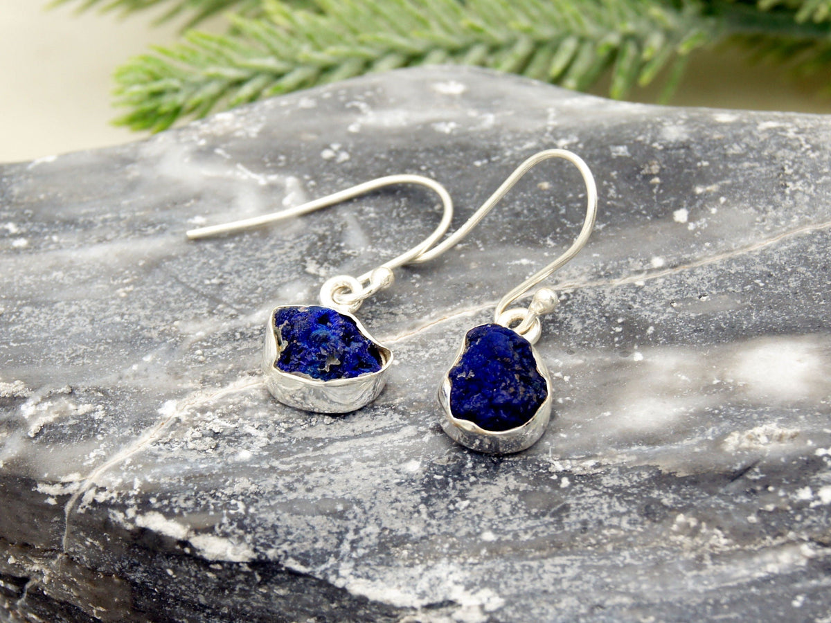 Raw Azurite Sterling Silver Drop Earrings NaturesEmporium Azurite, Capricorn Zodiac, Earrings, SEP2022, Sterling Silver, Sterling Silver Earring