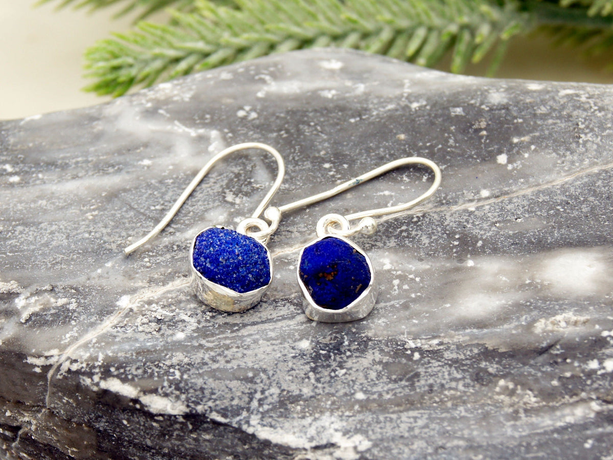 Raw Azurite Sterling Silver Drop Earrings NaturesEmporium Azurite, Capricorn Zodiac, Earrings, SEP2022, Sterling Silver, Sterling Silver Earring