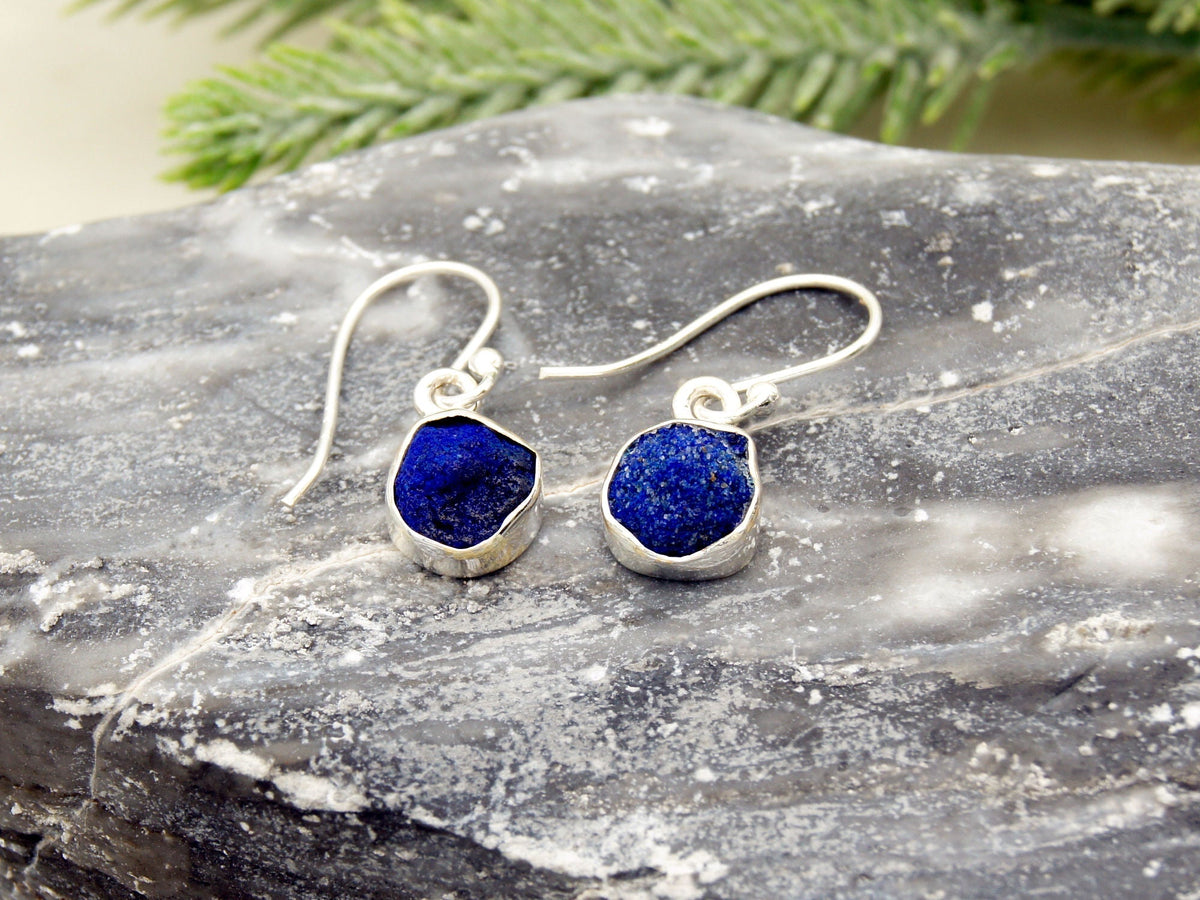 Raw Azurite Sterling Silver Drop Earrings NaturesEmporium Azurite, Capricorn Zodiac, Earrings, SEP2022, Sterling Silver, Sterling Silver Earring