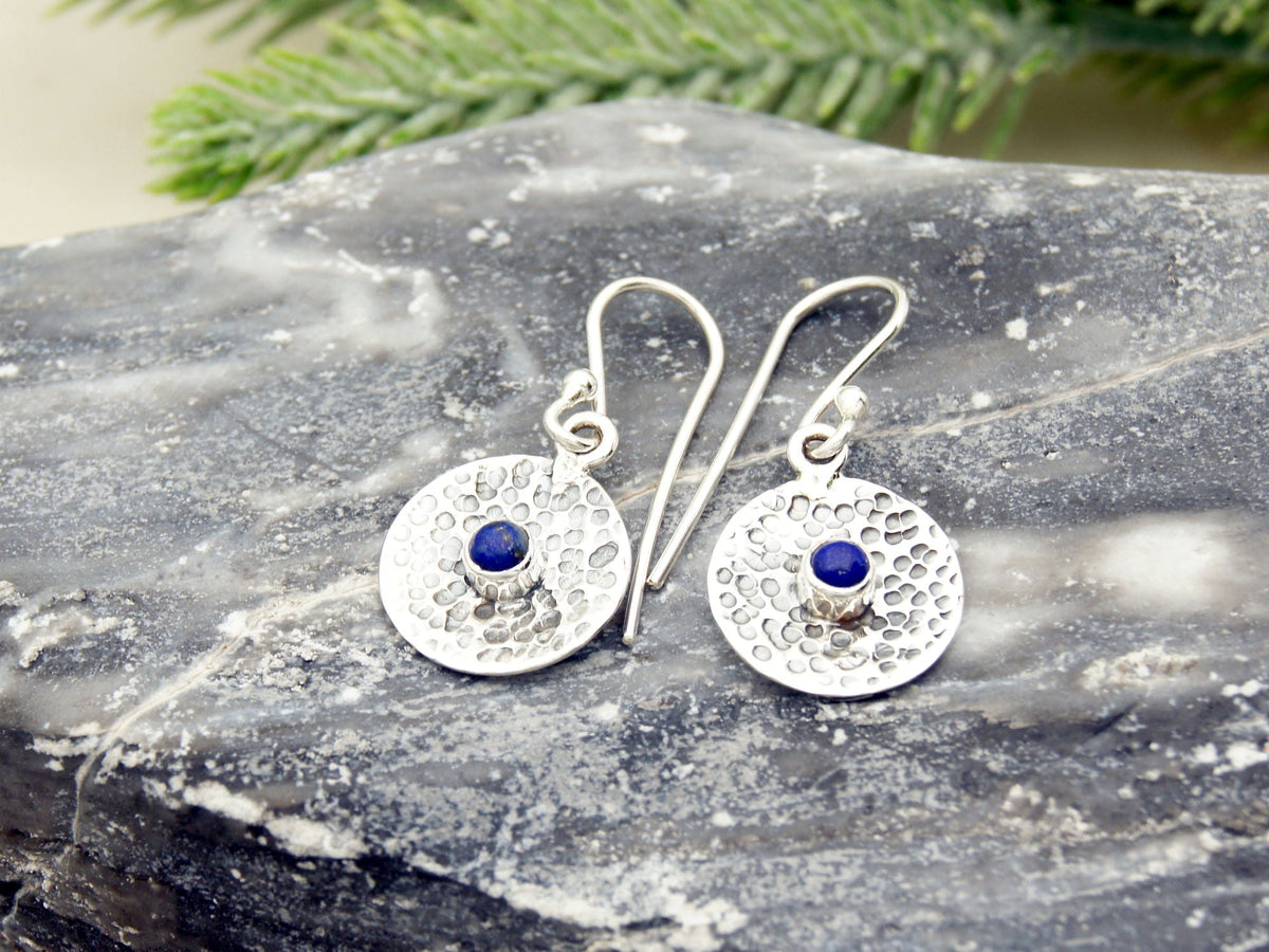 Round Hammer Finnish & Gemstone Drop Earrings NaturesEmporium Blue Topaz, Earrings, Lapis Lazuli, SEP2022, Sterling Silver, Sterling Silver Earring