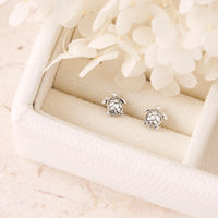 Silver turtle earrings on a white cushion with white flowers in the background