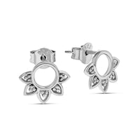 Silver rising sun earrings on a white background