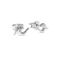 Silver wave-shaped earrings on a white background