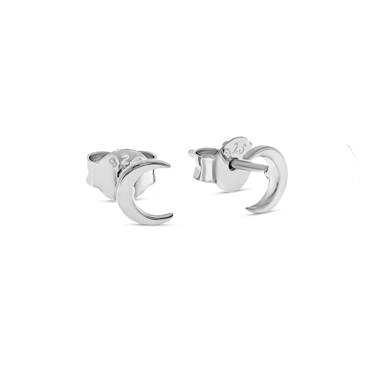Silver crescent moon earrings on a white background