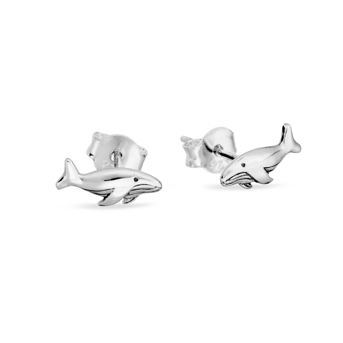 Silver whale-shaped earrings on a white background