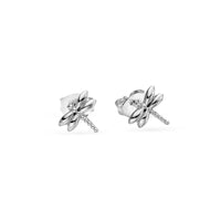 Silver dragonfly-shaped earrings on a white background